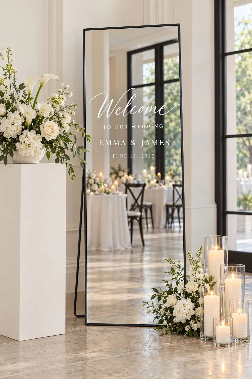Bring a modern touch to your event with our black rectangular floor mirror. Its slim frame and clean lines complement contemporary, minimalist, and classic event décor. Style it as a wedding welcome sign, a personalized event display, or a mirror for guests to capture a photo moment.