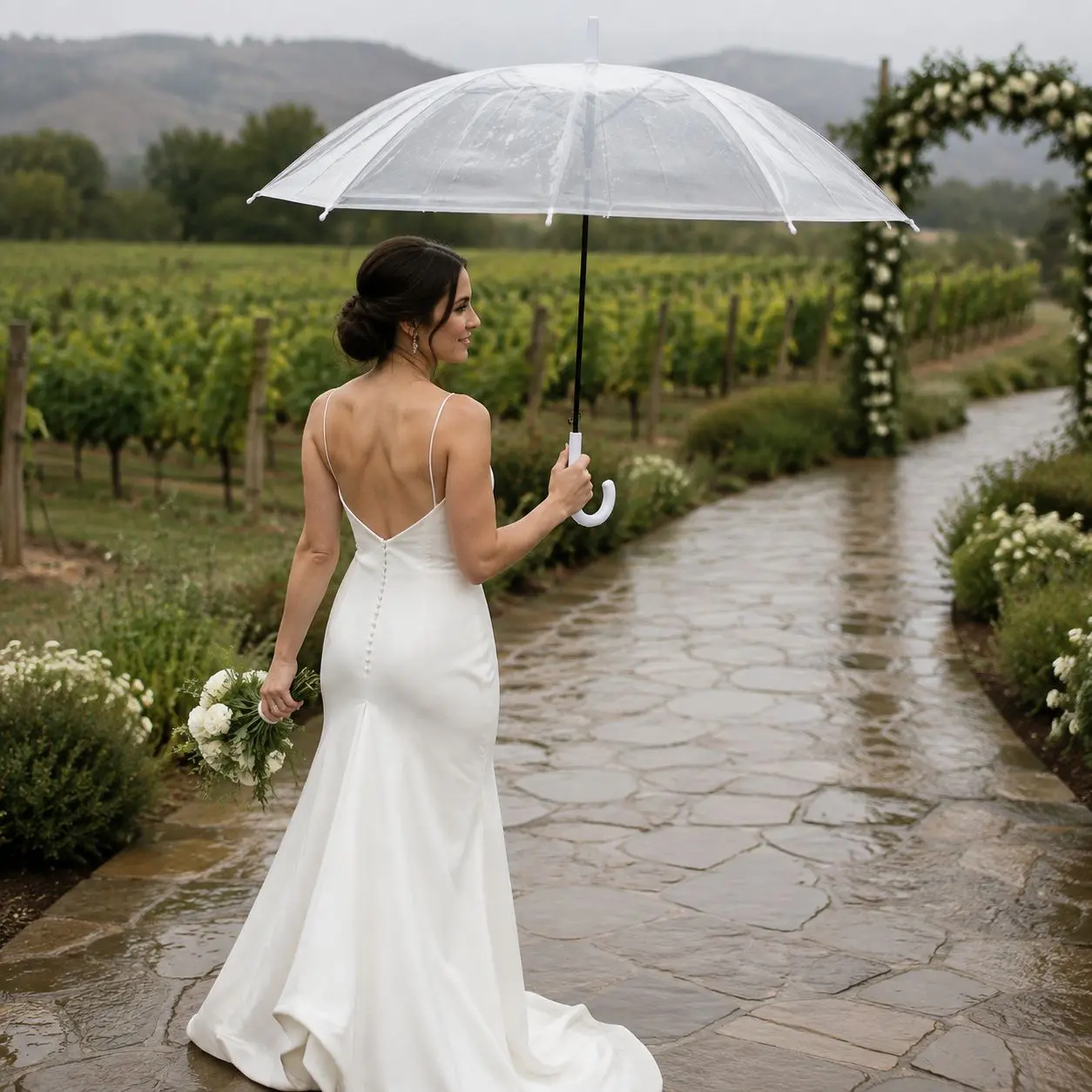 We've got you covered. Stay prepared for unexpected rain without compromising your wedding photos. Featuring a transparent bubble-style canopy and a classic curved handle, these umbrellas provide stylish coverage while keeping outfits, florals and your surroundings clearly visible.