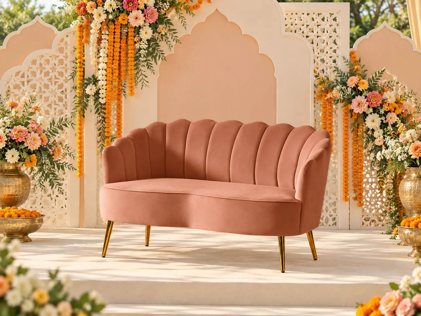 Coral Velvet Scalloped Loveseat thumbnail 2