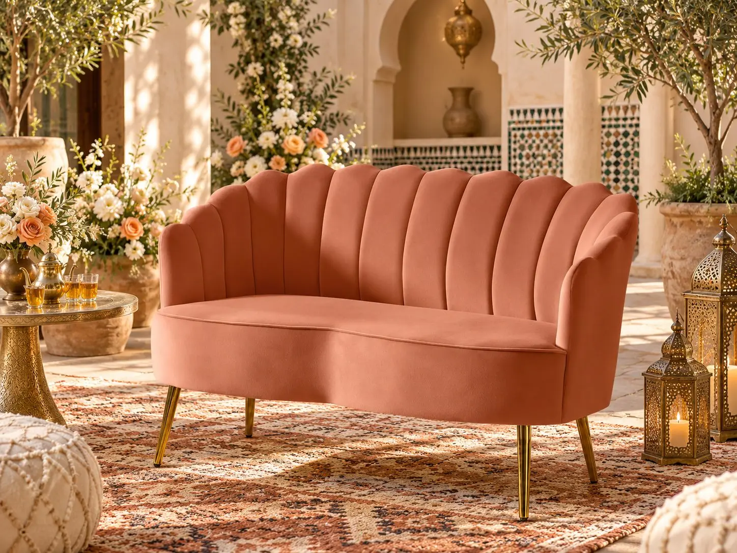 An elegant ivory velvet loveseat featuring a scalloped back, curved arms, and gold legs. Perfect for sweetheart seating, wedding stages, bridal showers, and photo backdrops. Pair with florals and candlelight for a romantic setting.