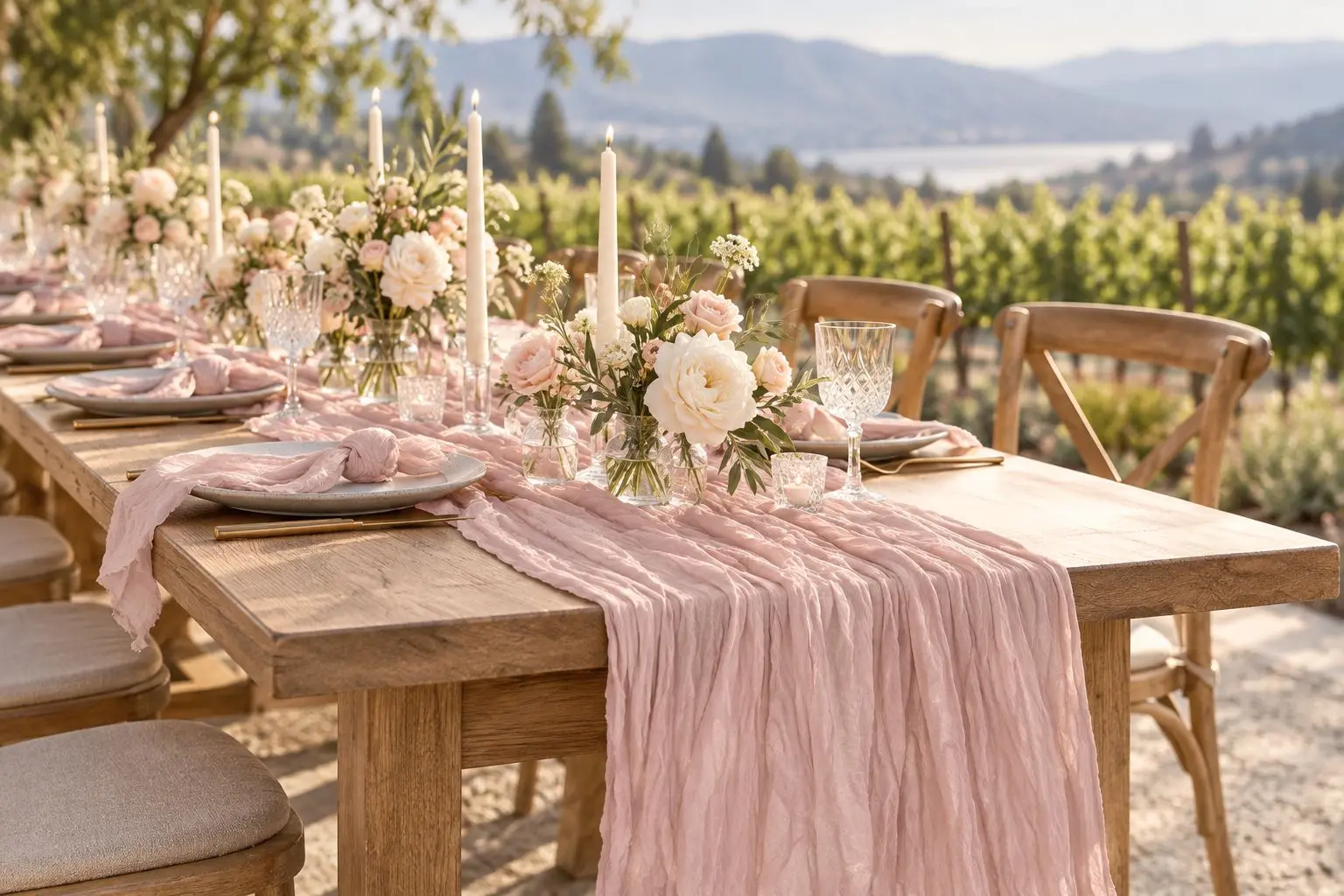 Add soft colour and romantic texture to your tablescape with our dusty blush cheesecloth table runner. Its lightweight, crinkled fabric drapes beautifully across tables.