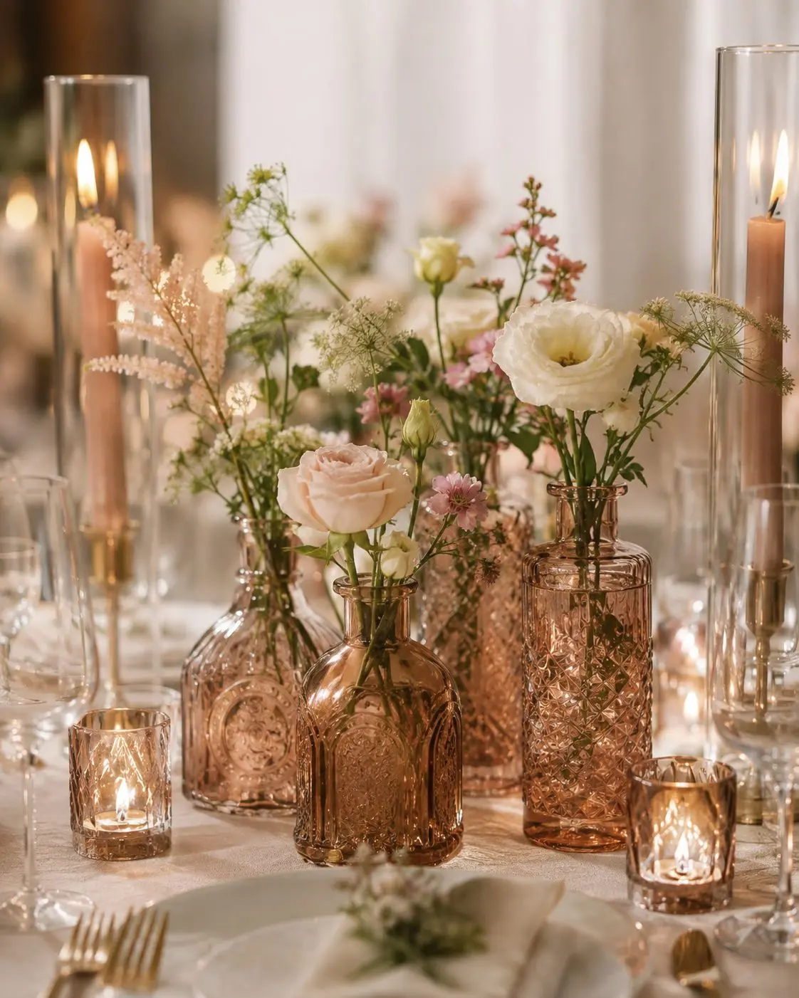 A set of vintage-inspired amber glass bud vases in assorted shapes and textures. Their warm blush-amber tone adds a romantic touch to any special event.