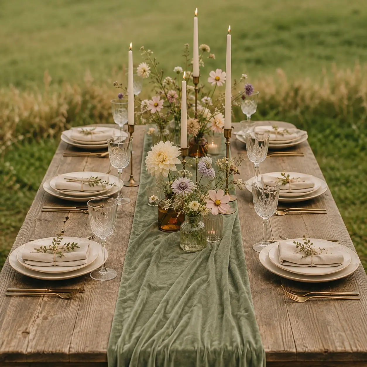 Add soft colour and luxurious texture to your tablescape with our sage green velvet table runner. The flowing velvet fabric drapes beautifully across reception tables for any event.