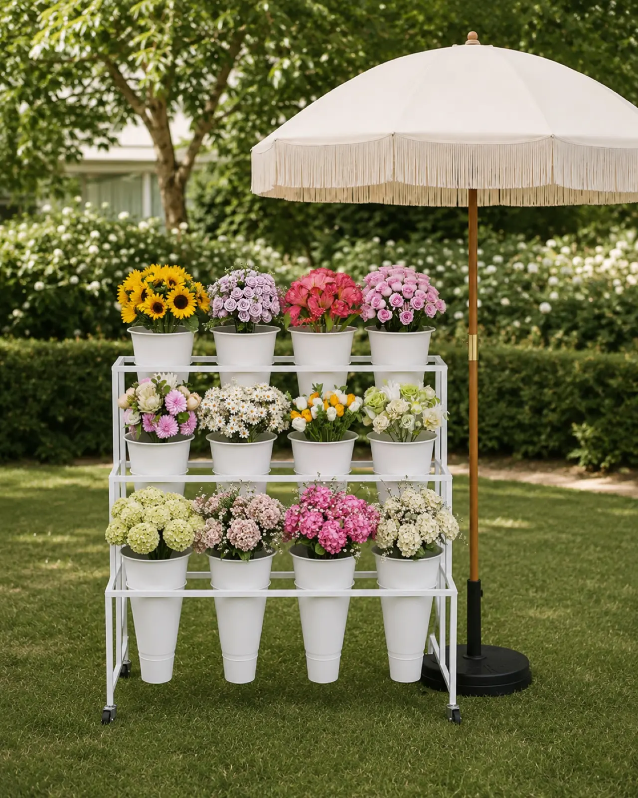 Build-your-own Flower Bar with buckets of fresh-cut flowers under a fringe umbrella