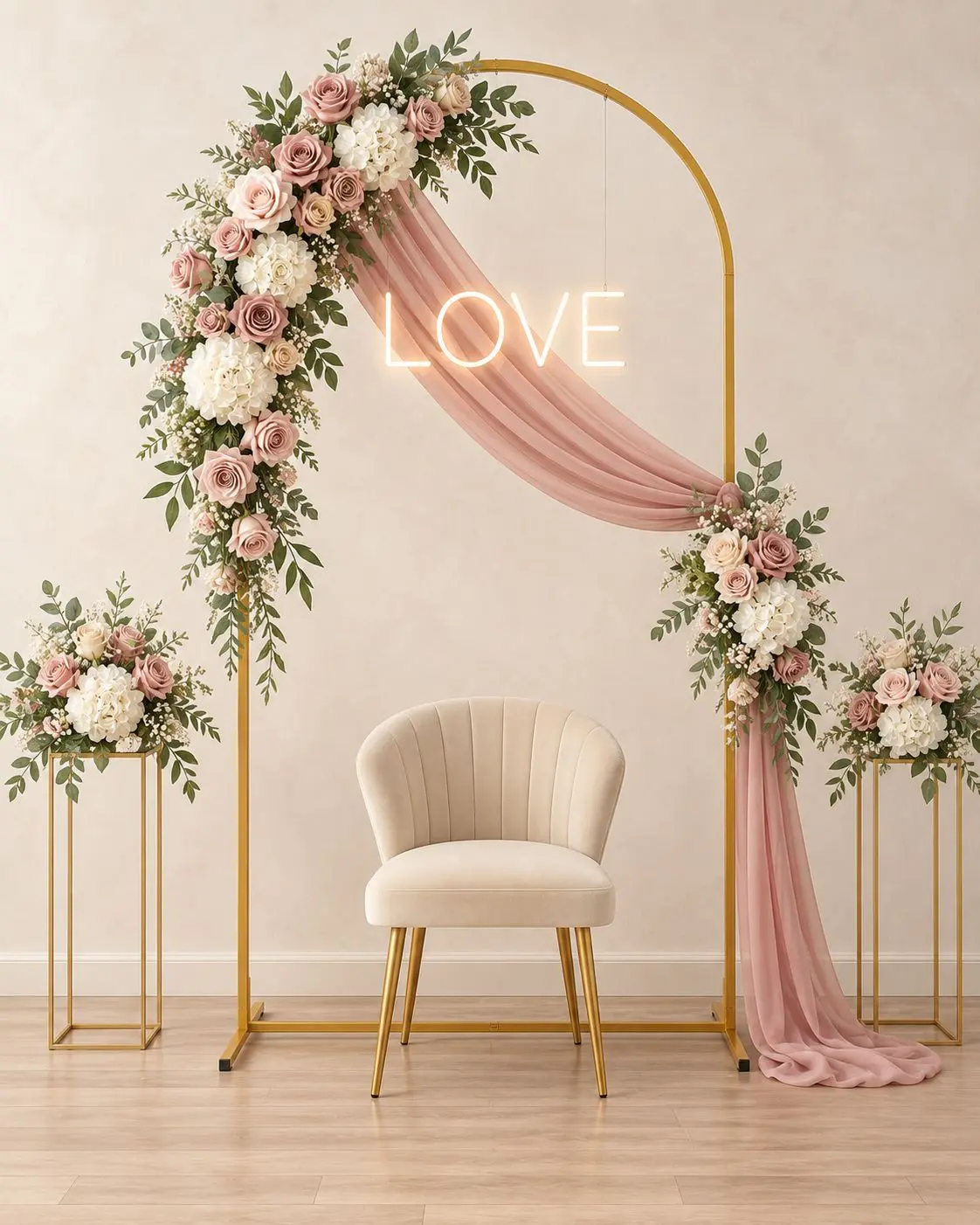 Elegant 7.2-foot gold metal arch. Creates a beautiful focal point for any event. Style it with florals, greenery, balloons, fabric draping, or custom signage to complement your event.