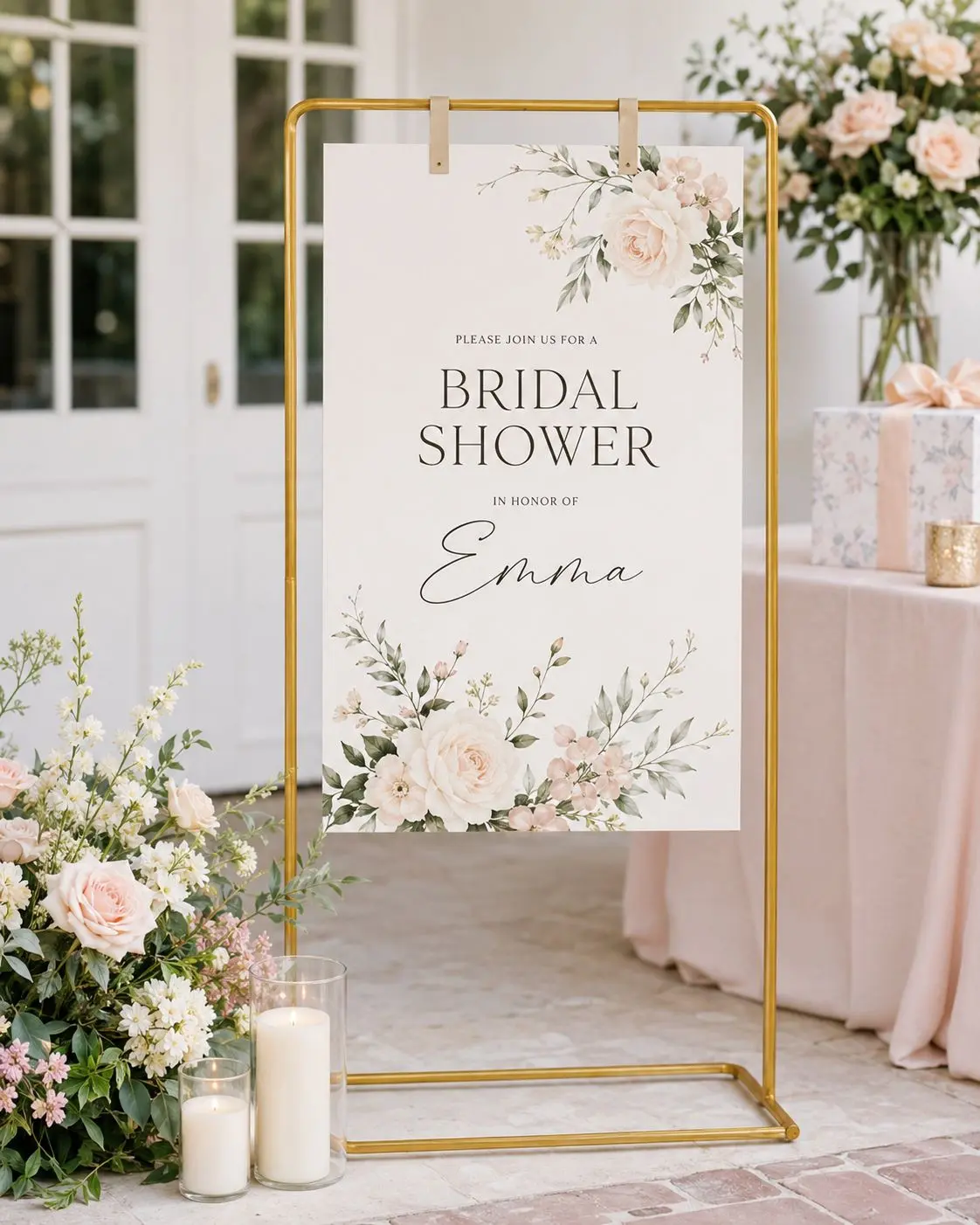 Elegant gold hanging sign stand designed to display welcome signs, fabric signage, and personalized event details. Its modern freestanding design creates a beautiful statement piece for weddings, bridal showers, and special events.