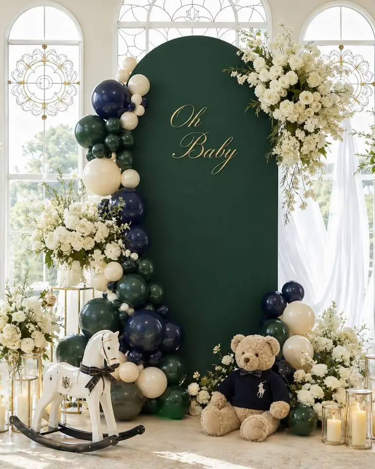 A rich green arched backdrop cover that creates a clean, polished finish for any event setup. Easy to customize with balloons, florals, signage, neon signs, decals, or themed décor. Also available in black. Freestanding and compatible with a variety of venue types.