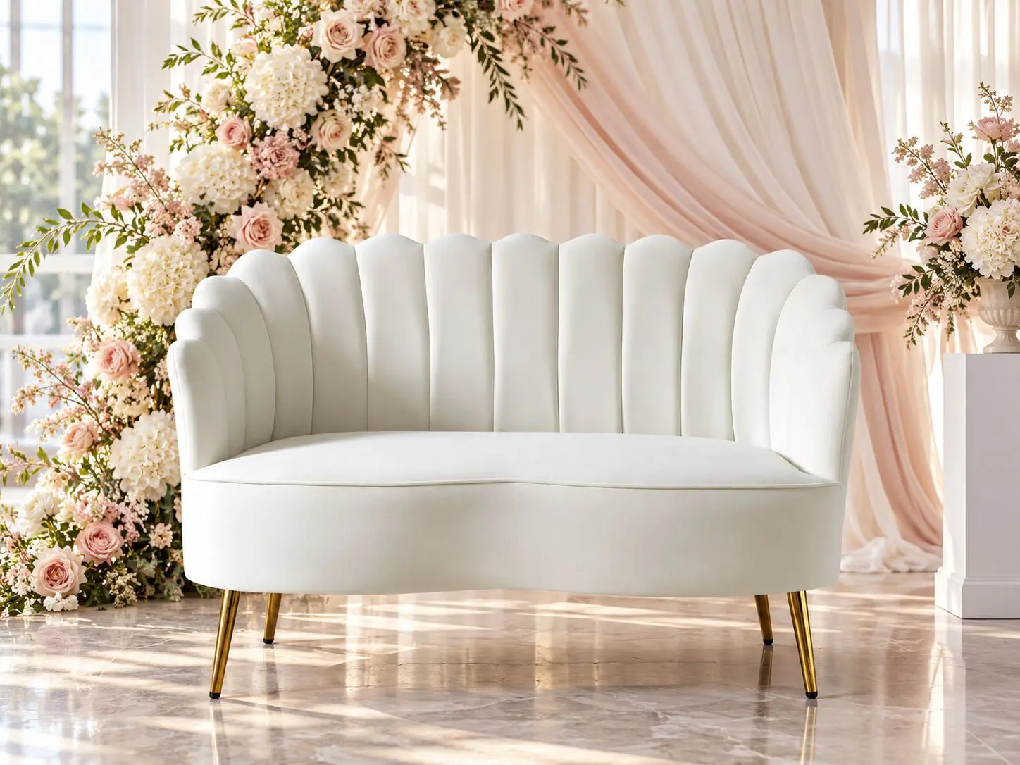 An elegant ivory velvet loveseat featuring a scalloped back, curved arms, and gold legs. Perfect for sweetheart seating, wedding stages, bridal showers, and photo backdrops. Pair with florals and candlelight for a romantic setting.
