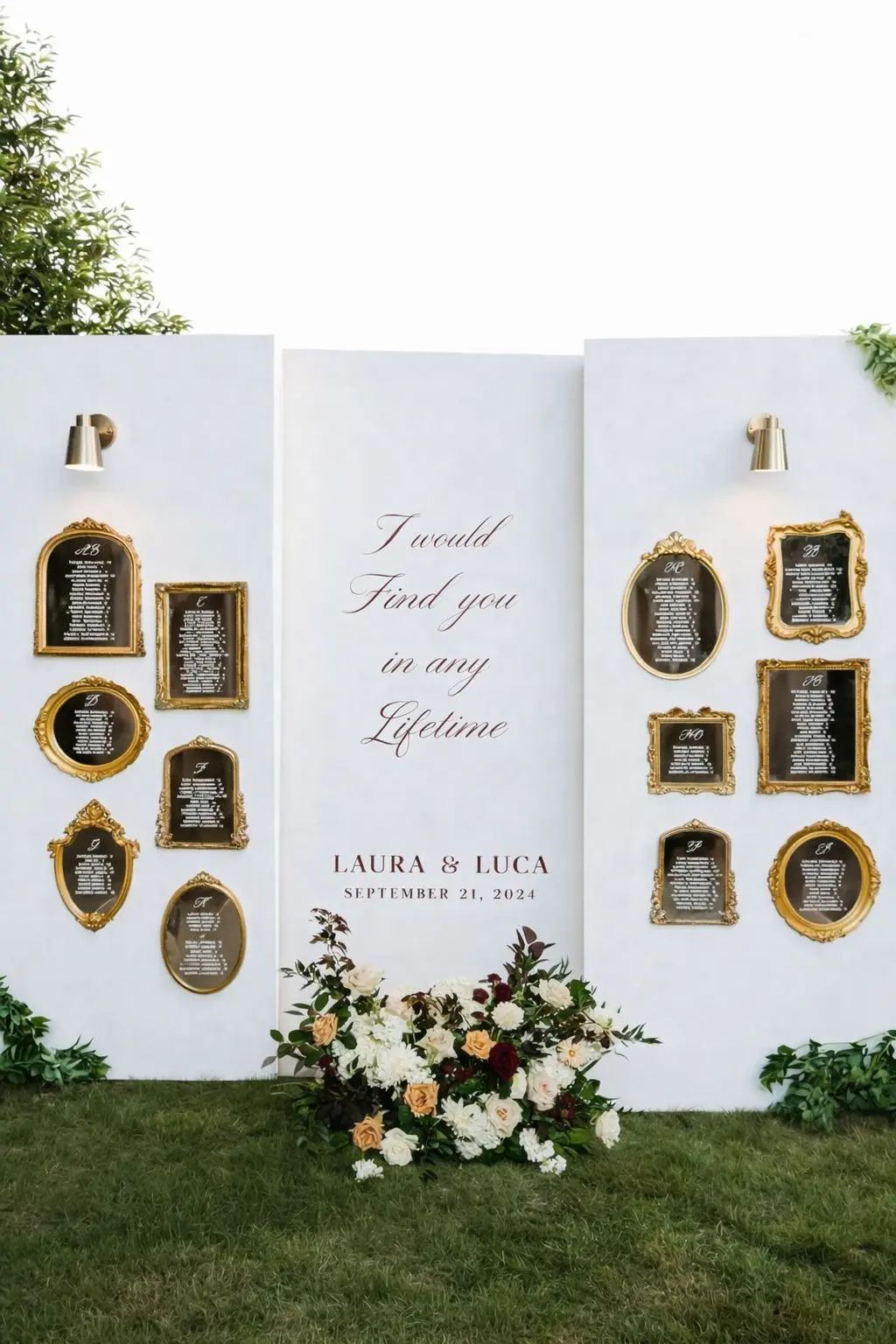 Our signature statement piece. This stunning three-panel backdrop stands approximately 8 feet tall with integrated working lamps that cast warm, ambient light. Creates a dramatic focal point for ceremonies, sweetheart tables, and photo areas. The warm glow is especially striking during golden hour and evening receptions. Freestanding design requires no wall mounting - compatible with every venue type.