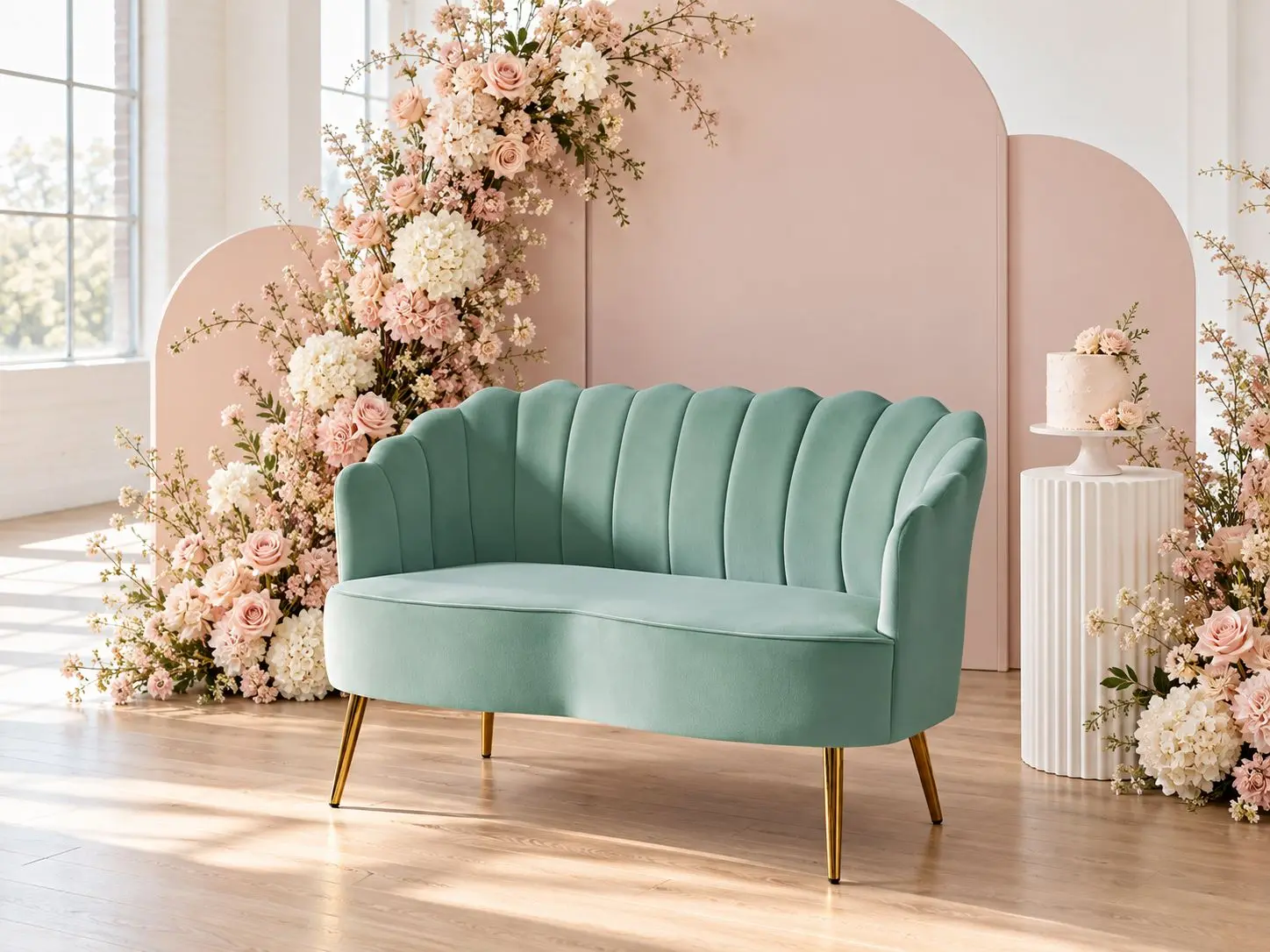 Sage Velvet Scalloped Loveseat — photo 1