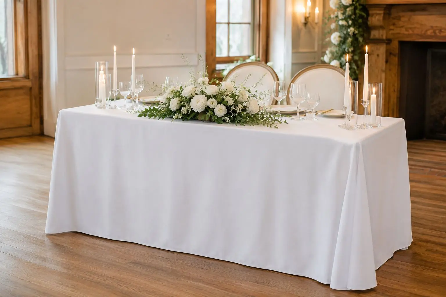 Classic white tablecloth that creates a clean, polished foundation for weddings and special events. Measuring 90” x 132”, it provides a floor-length fit on a standard 6′ rectangular banquet table.